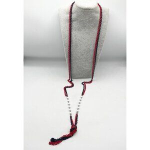 Vintage red & blue chain white milk glass beaded necklace